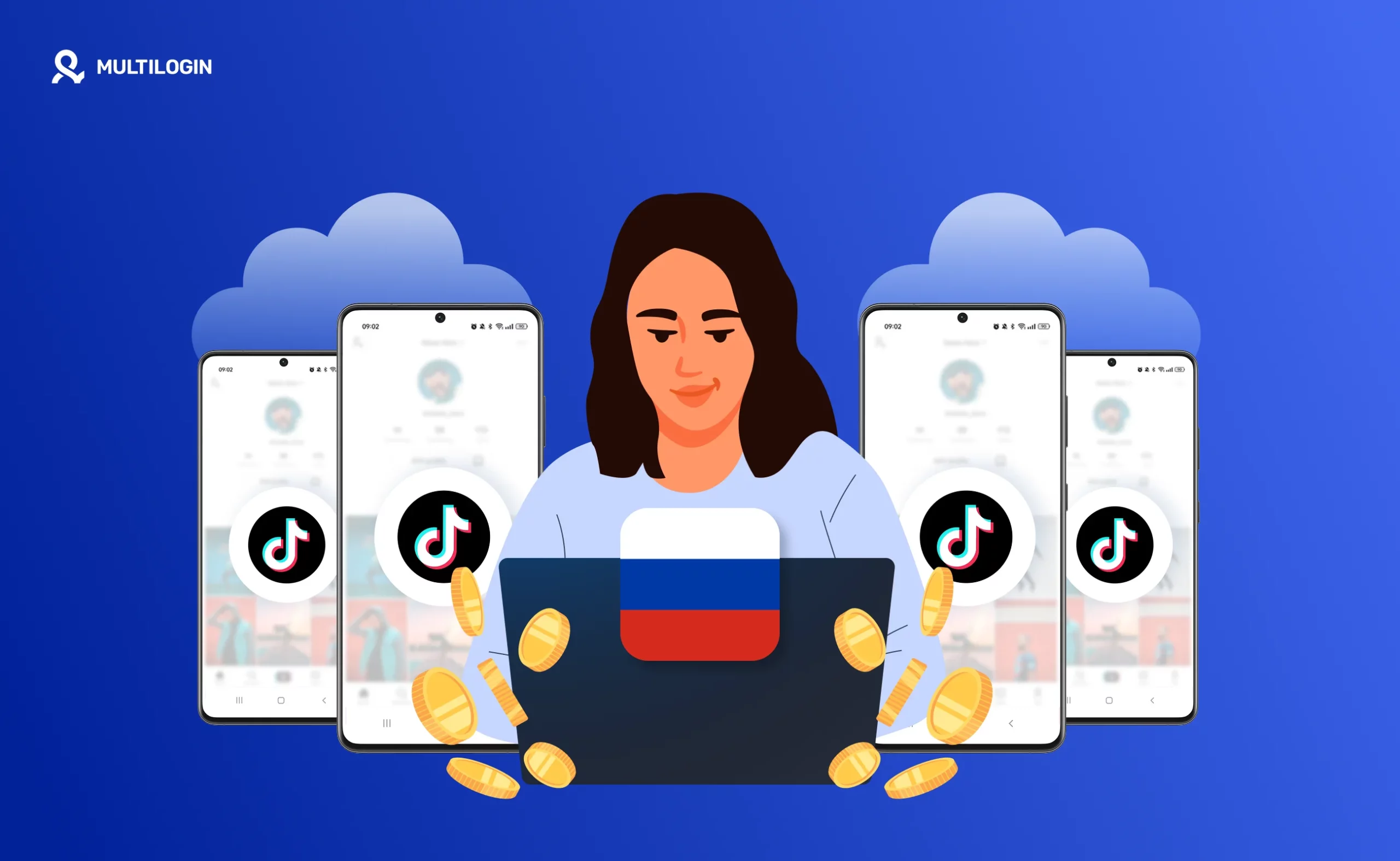 Монетизация TikTok в России — девушка работает за ноутбуком, вокруг смартфоны с TikTok и монеты, символизирующие заработок на платформе