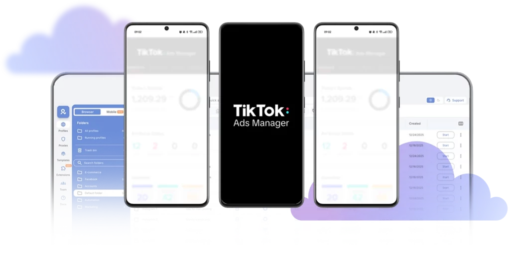TikTok Ads Manager running on multiple Android cloud phones with Multilogin dashboard in background