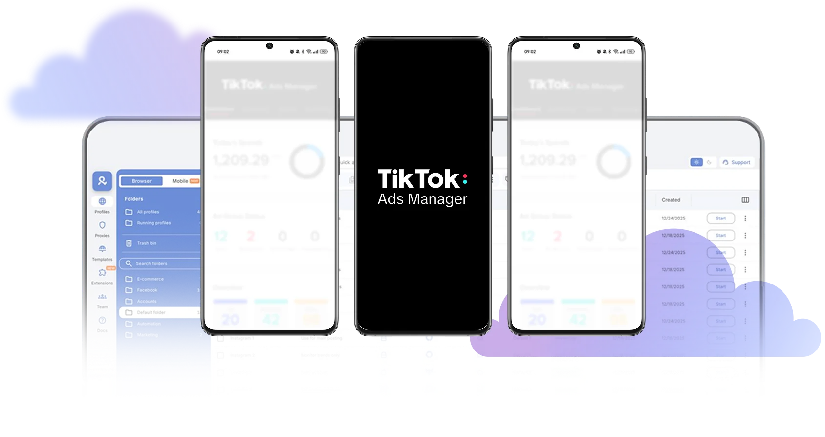 TikTok Ads Manager running on multiple Android cloud phones with Multilogin dashboard in background