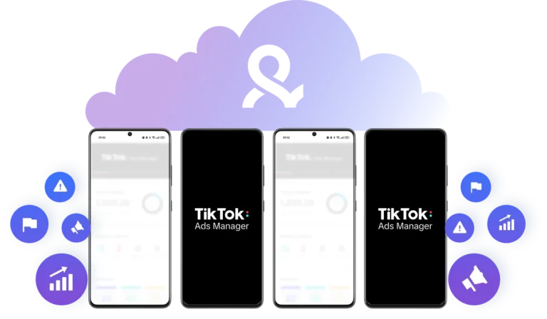 Multiple TikTok Ads Manager sessions running on cloud phones with account performance and warning indicators