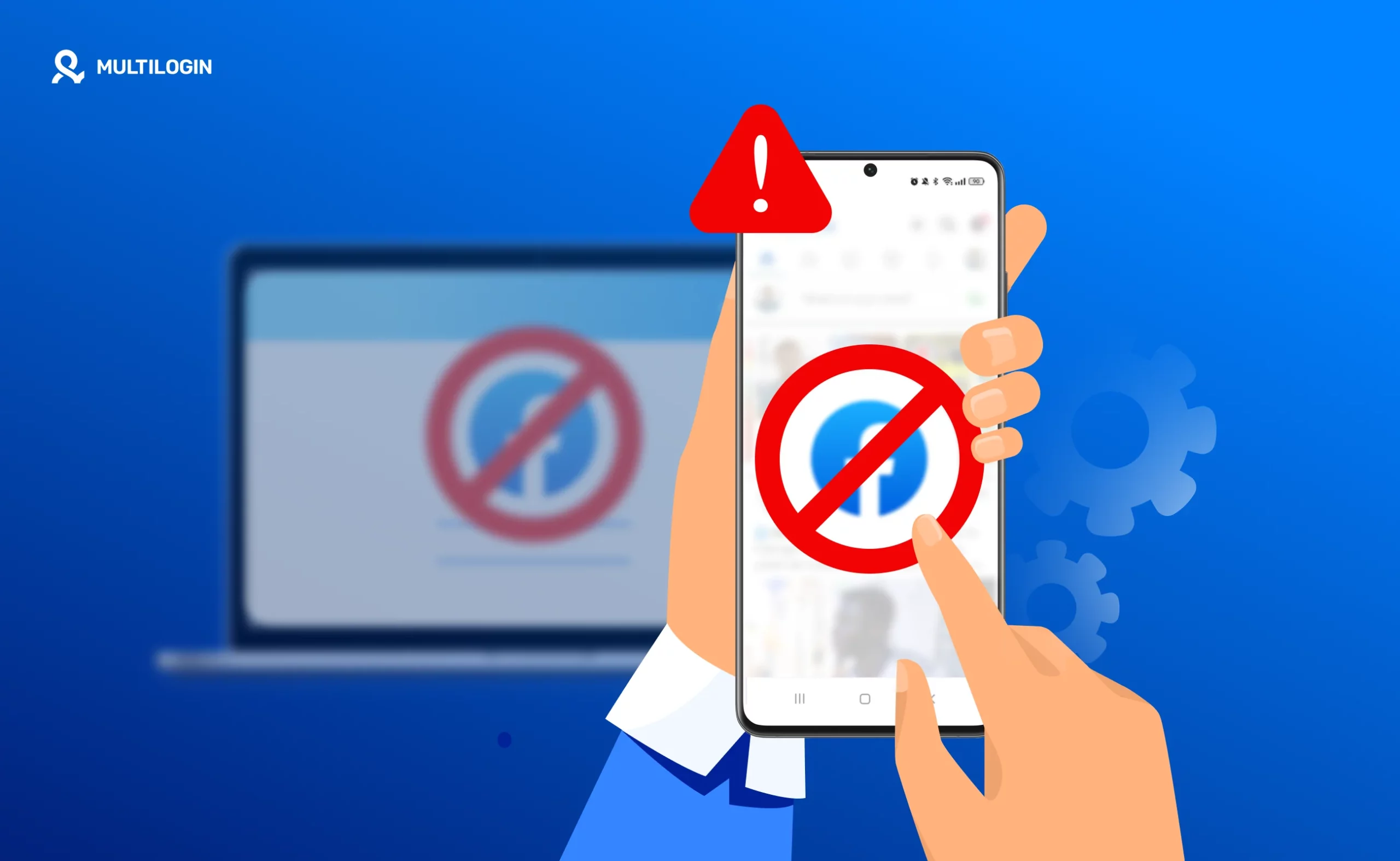 Mobile phone displaying a suspended Facebook account with a warning symbol and blocked icon