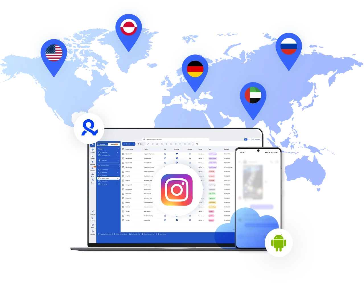 Built-in proxies aligned with your cloud phone location