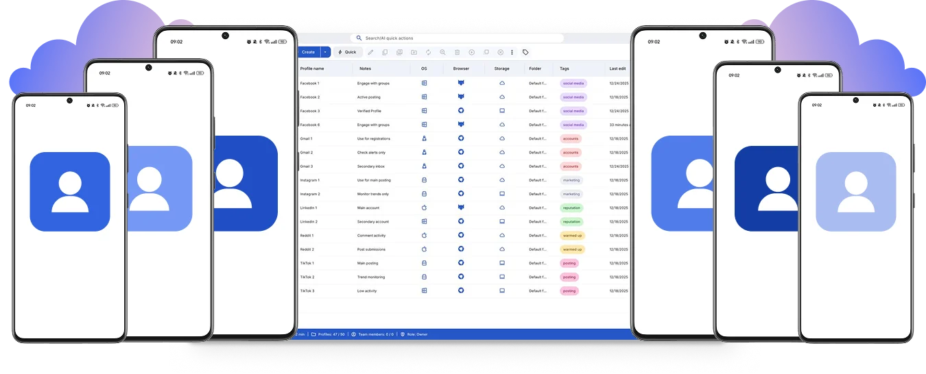 Multi account browser dashboard managing multiple online profiles from one workspace