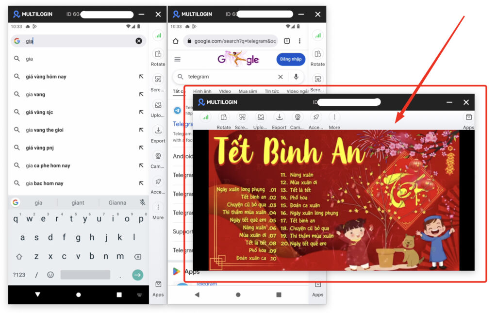 multilogin cho phép xoay ngang điện thoại - cloud phone - điện thoại đám mây
