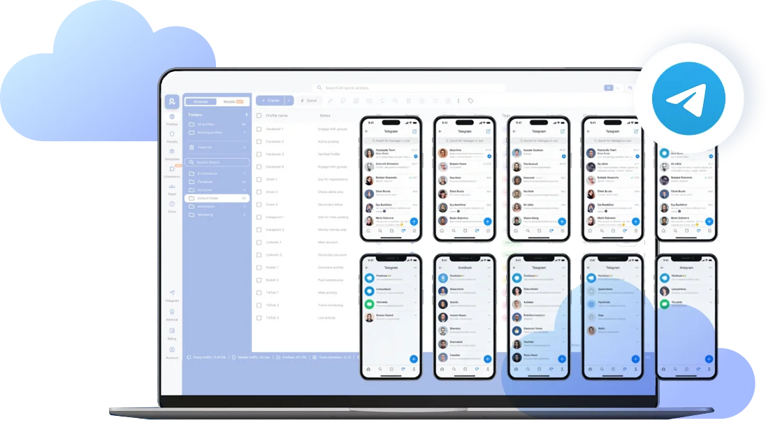 Cloud phones for Telegram displayed on desktop dashboard with multiple isolated Android devices running Telegram accounts simultaneously
