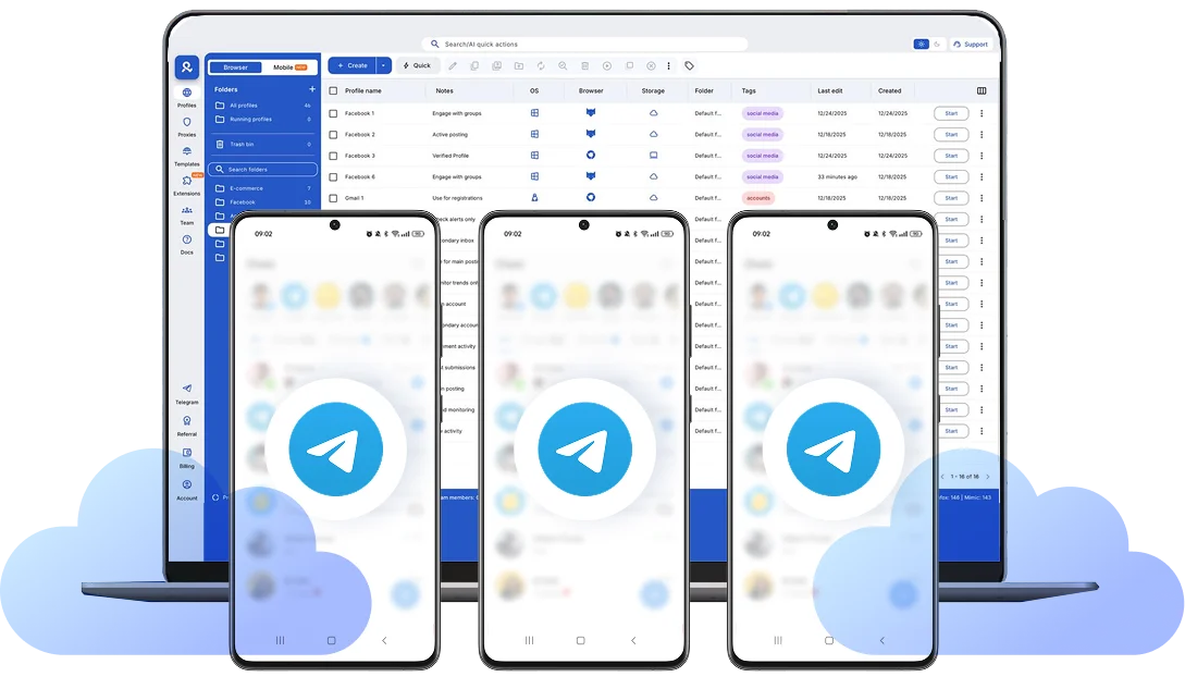 Telegram cloud phones displayed on desktop dashboard with multiple isolated Android devices running separate accounts