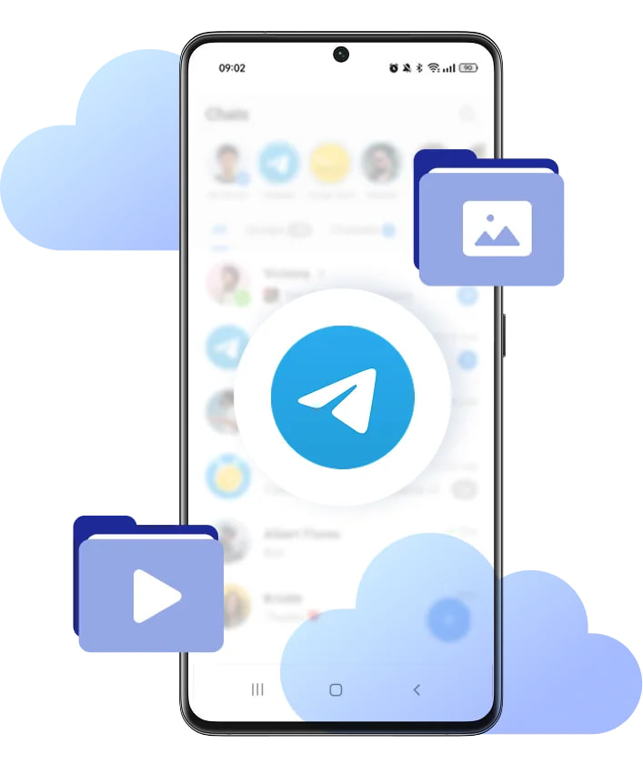 Telegram mobile app running on Android cloud phone with media and content management icons