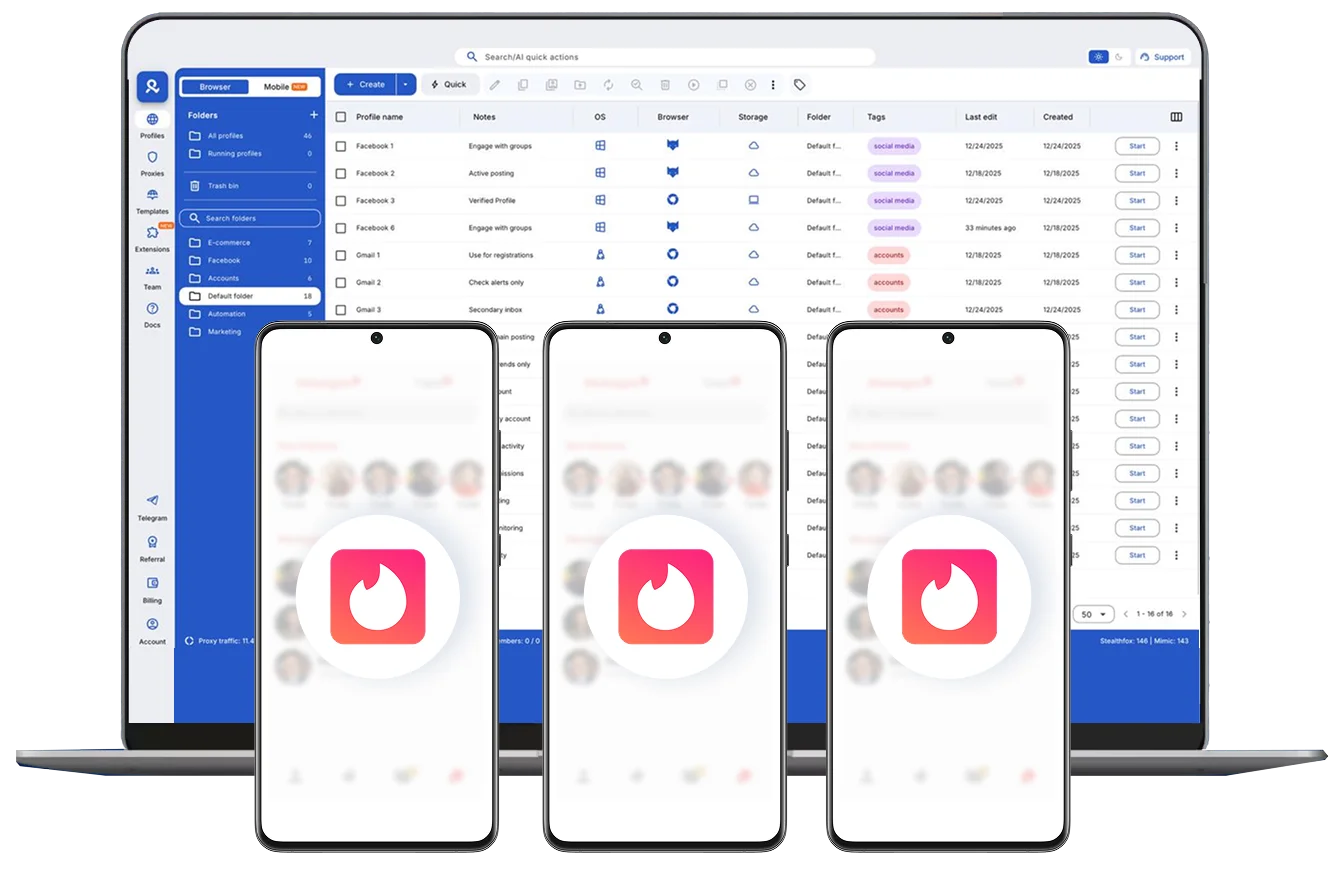 Tinder app on real Android cloud phone with persistent login and location-matched proxy