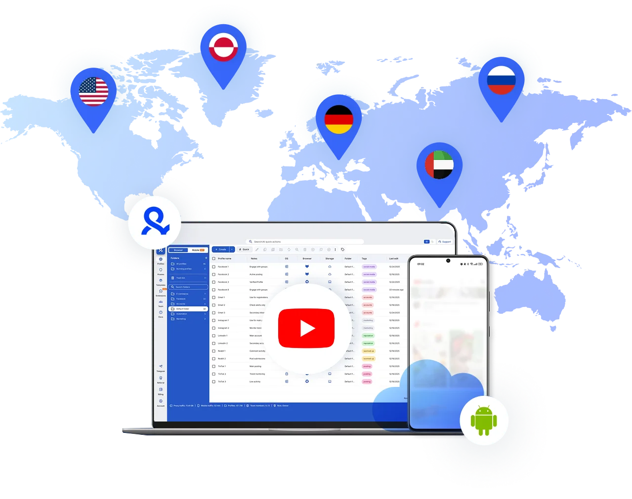 Access 150 global locations to create multiple YouTube accounts with geo-matched IPs