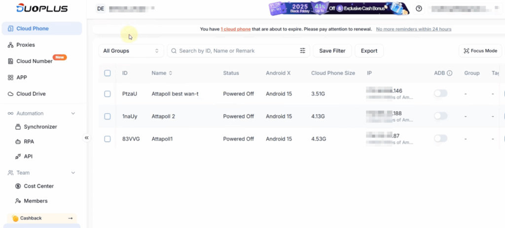 Облачный телефон Duoplus