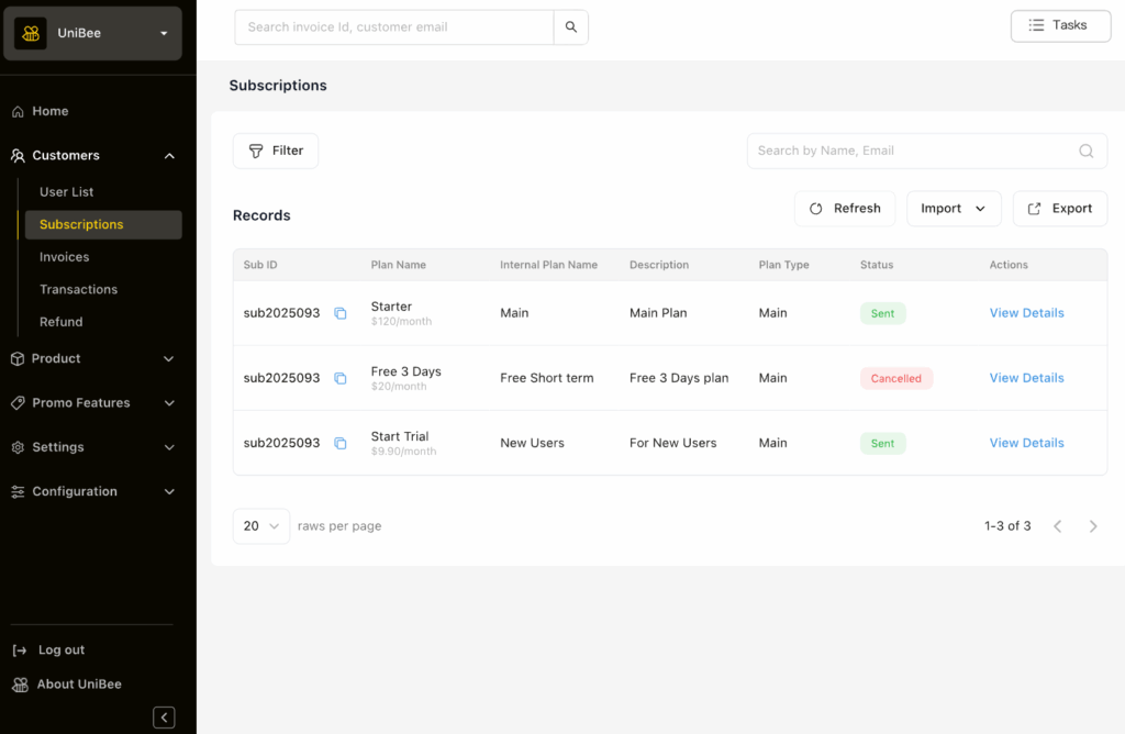 UniBee billing interface