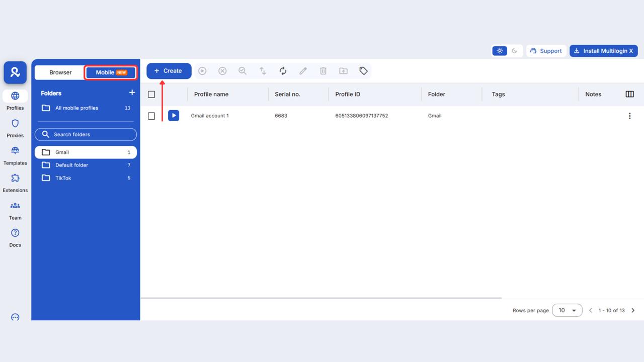 Creation of new cloud phone profile in Multilogin
