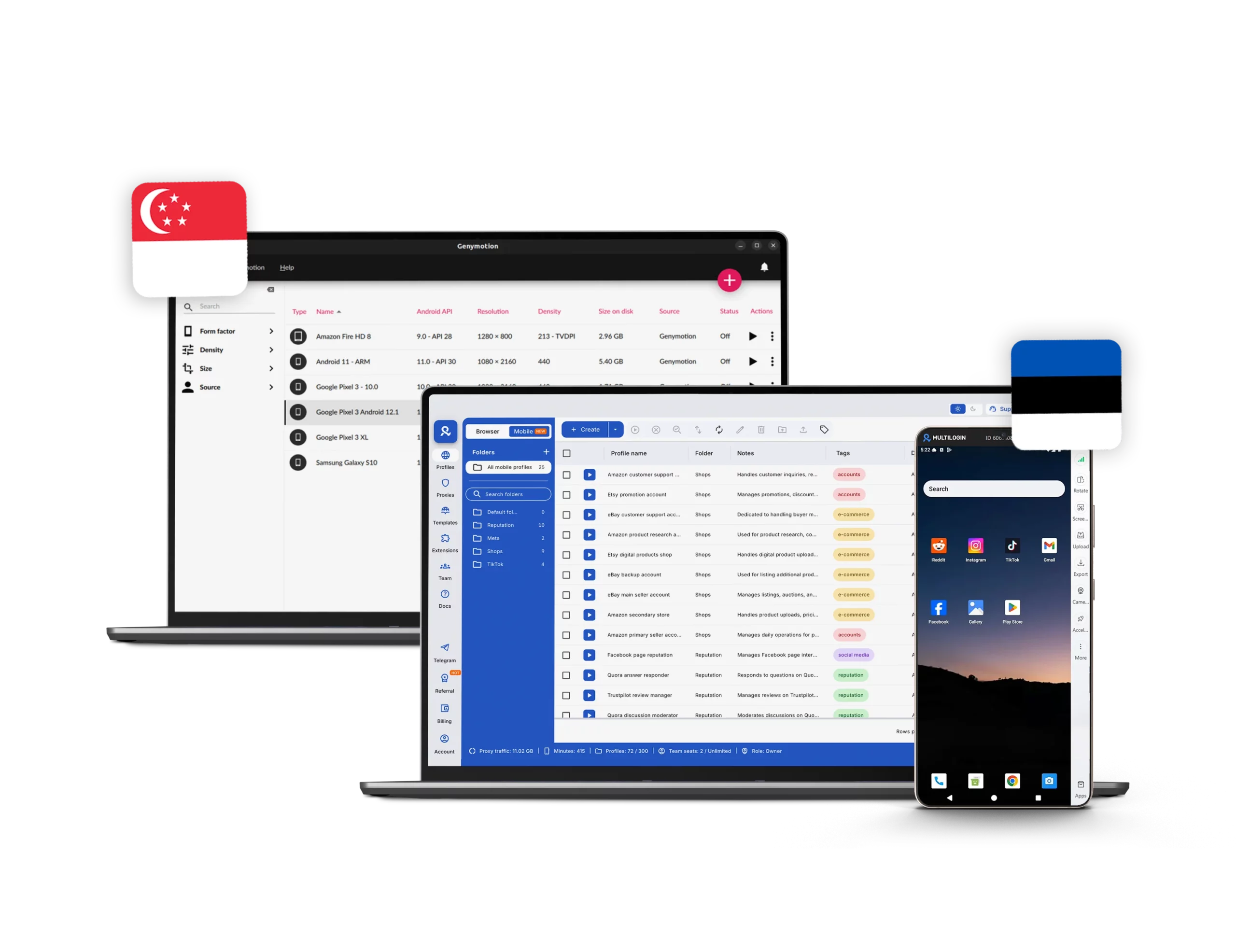 Multilogin vs Genymotion comparison showing cloud phones, antidetect profiles, and multi-account management.