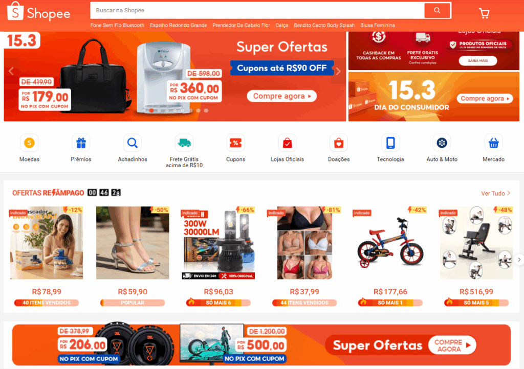 Página inicial do site Shopee 