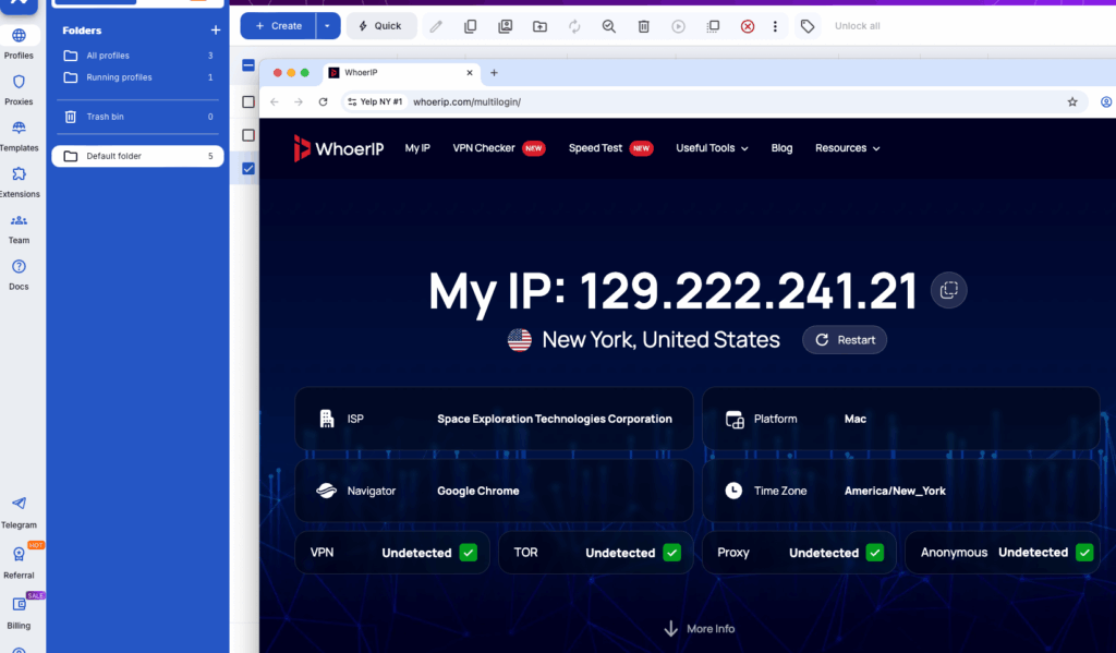 Whoerip.com screen showing IP address and location after launching a Multilogin browser profile