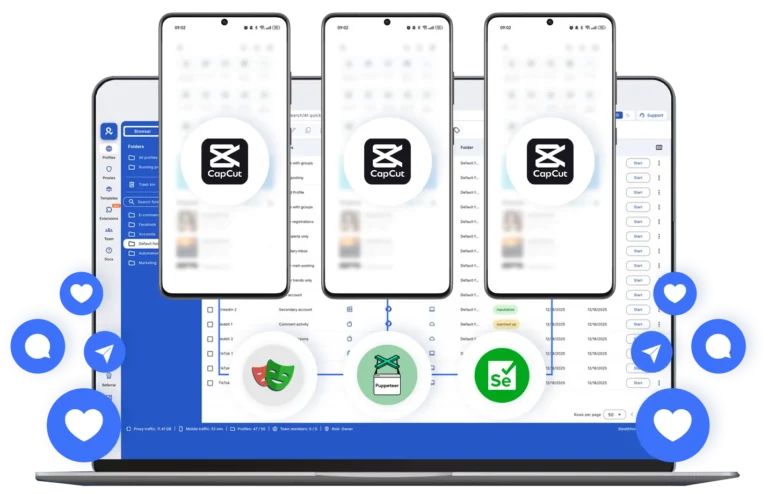 Automate mobile and desktop workflows across multiple CapCut accounts from one dashboard.
