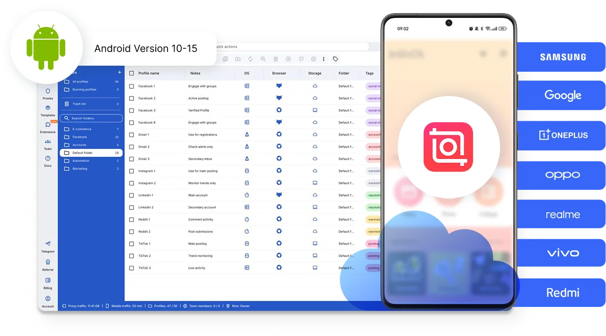 Monetize modelos de várias contas do InShot usando os celulares na nuvem da Multilogin