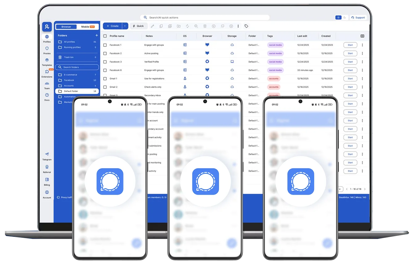 Managing multiple Signal accounts across cloud devices and dashboard