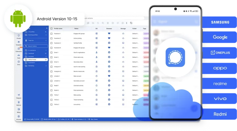 Signal accounts on cloud phones with Android versions 10–15 and multiple device brands