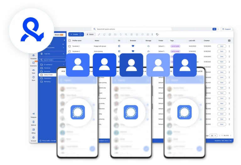Team managing multiple Signal accounts on cloud phones in Multilogin dashboard