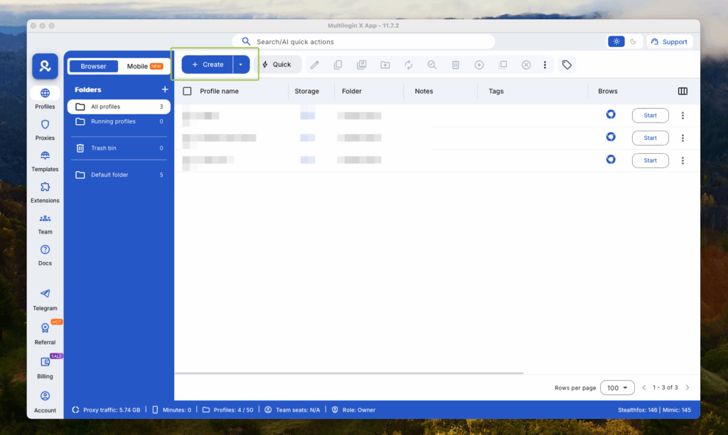 Multilogin dashboard showing multiple social media accounts managed from one place