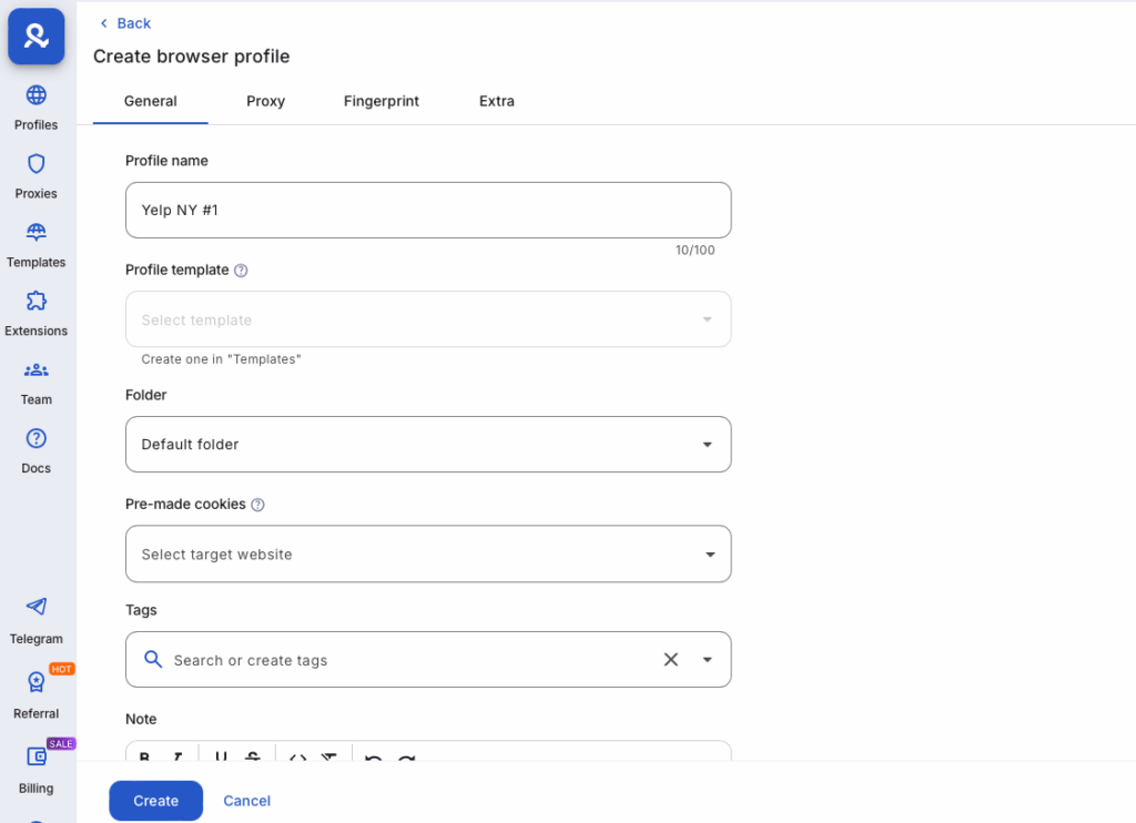 New profile creation screen with name, browser, and proxy settings