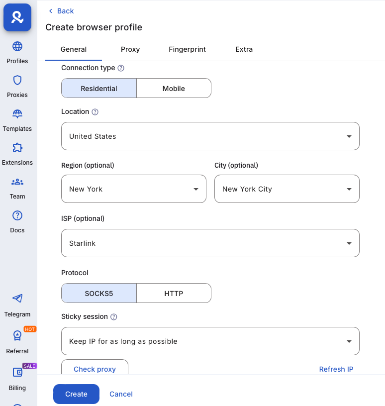 Multilogin proxy setup screen for choosing country and proxy type