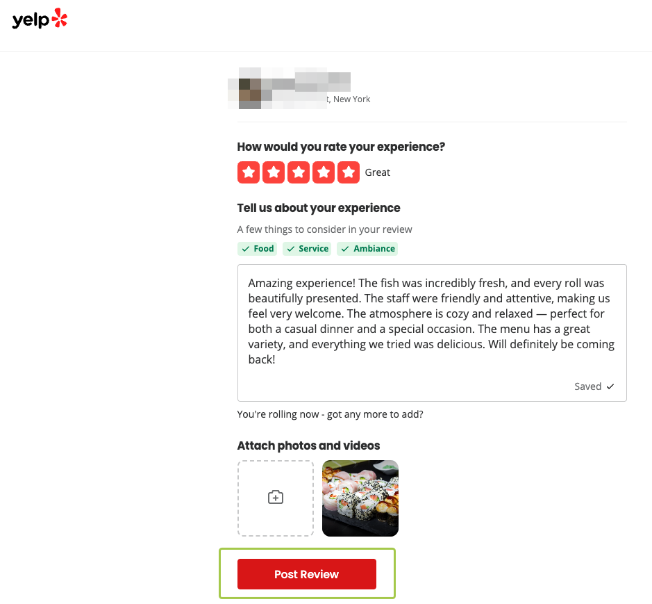 Yelp review writing screen with rating and text field filled in for a local business