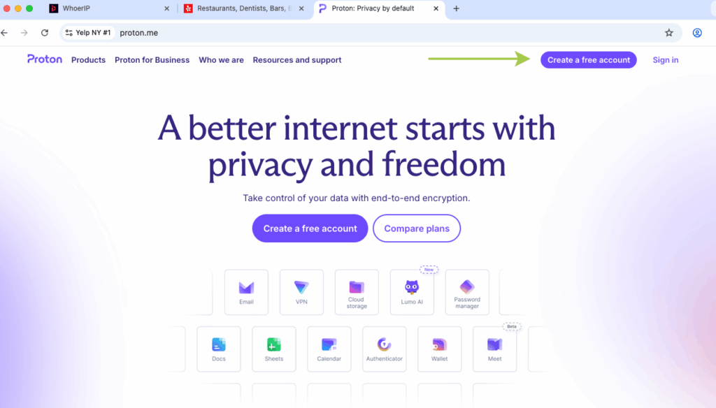 Proton Mail sign-up page used to create a verified email address for a new Yelp account
