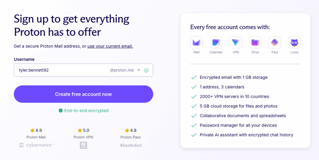 Proton Mail free email account creation page