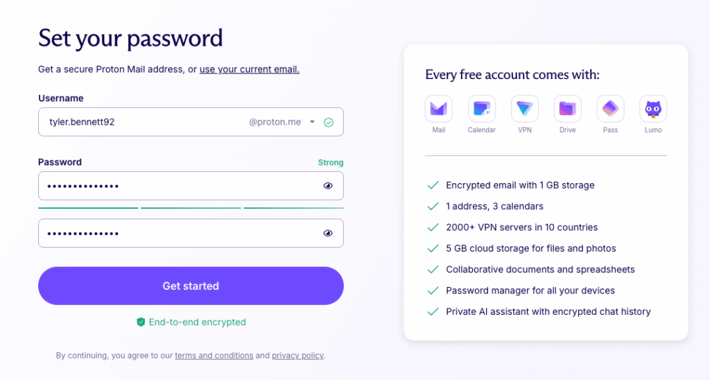 Proton Mail free email account creation step
