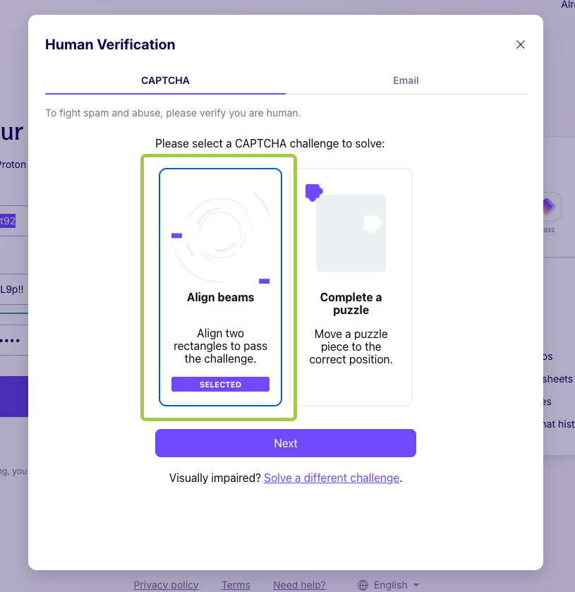Proton Mail CAPTCHA verification screen during account sign-up