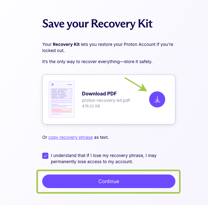 Proton Mail recovery file download screen for securing account access