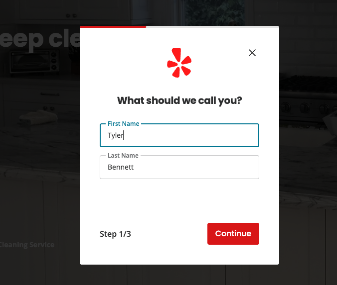 Yelp account registration form