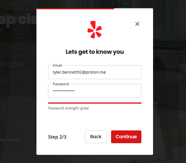 Yelp email verification step requiring confirmation from Proton Mail inbox