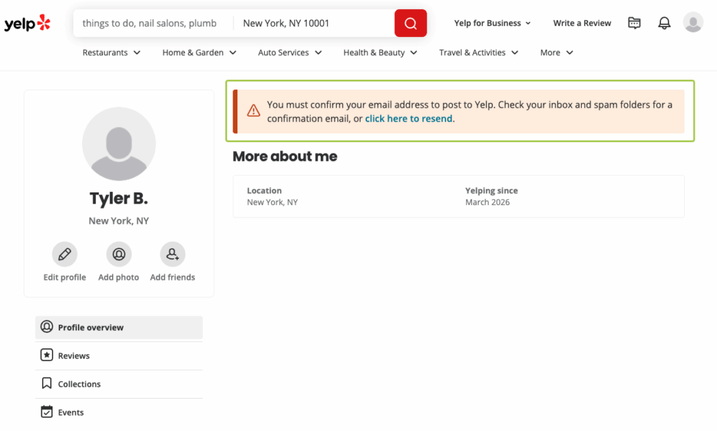 Yelp account created