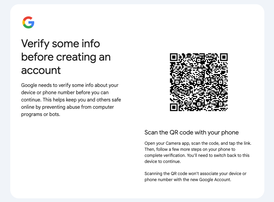 Google QR code verification step during signup