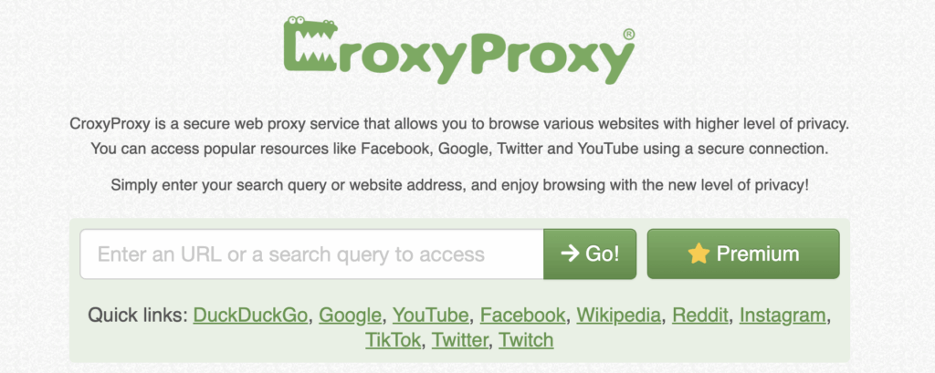 CroxyProxy web proxy interface — URL input field for accessing YouTube without restrictions