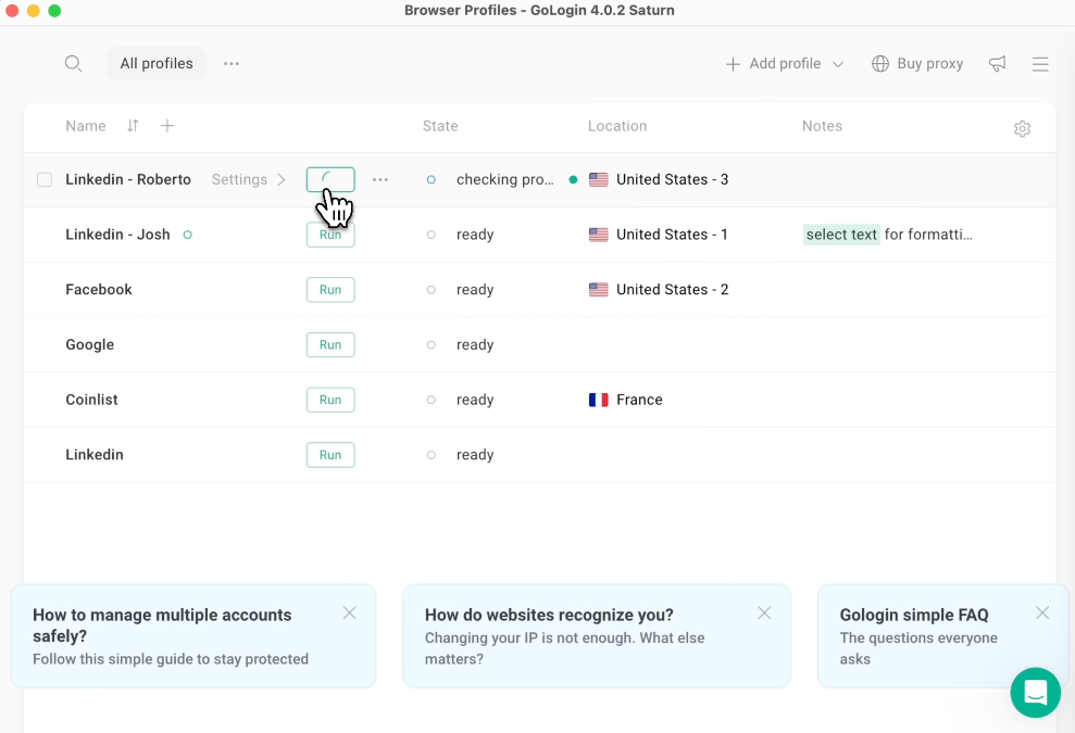 Интерфейс GoLogin