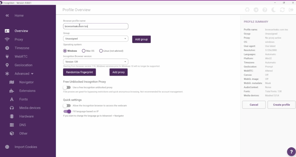 Интерфейс Incogniton — управление браузерными профилями для мультиаккаунтинга
