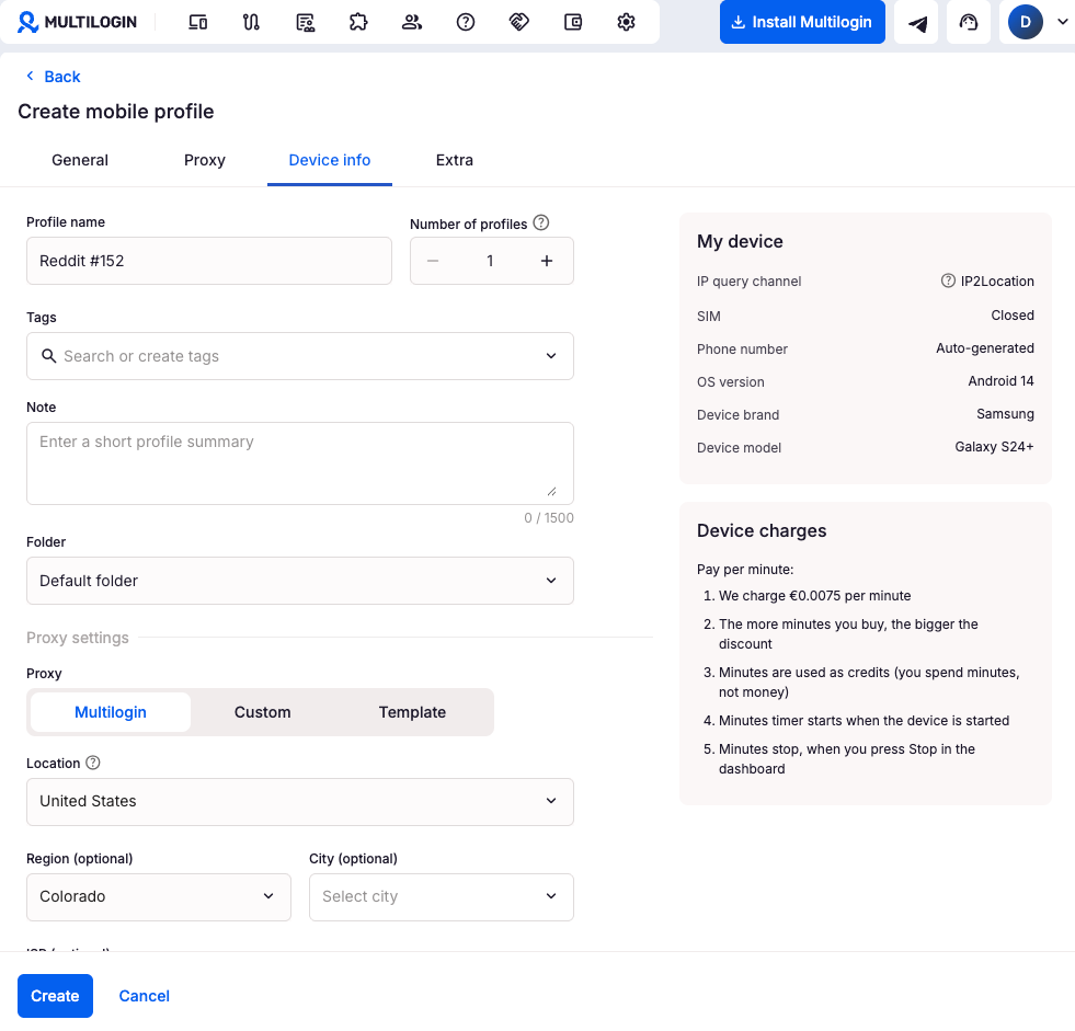 Создание мобильного профиля в Multilogin — запуск облачных Android телефонов с реальными параметрами устройства