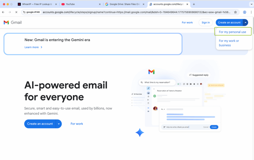 Go to google.com and click Create account and select For my personal use.