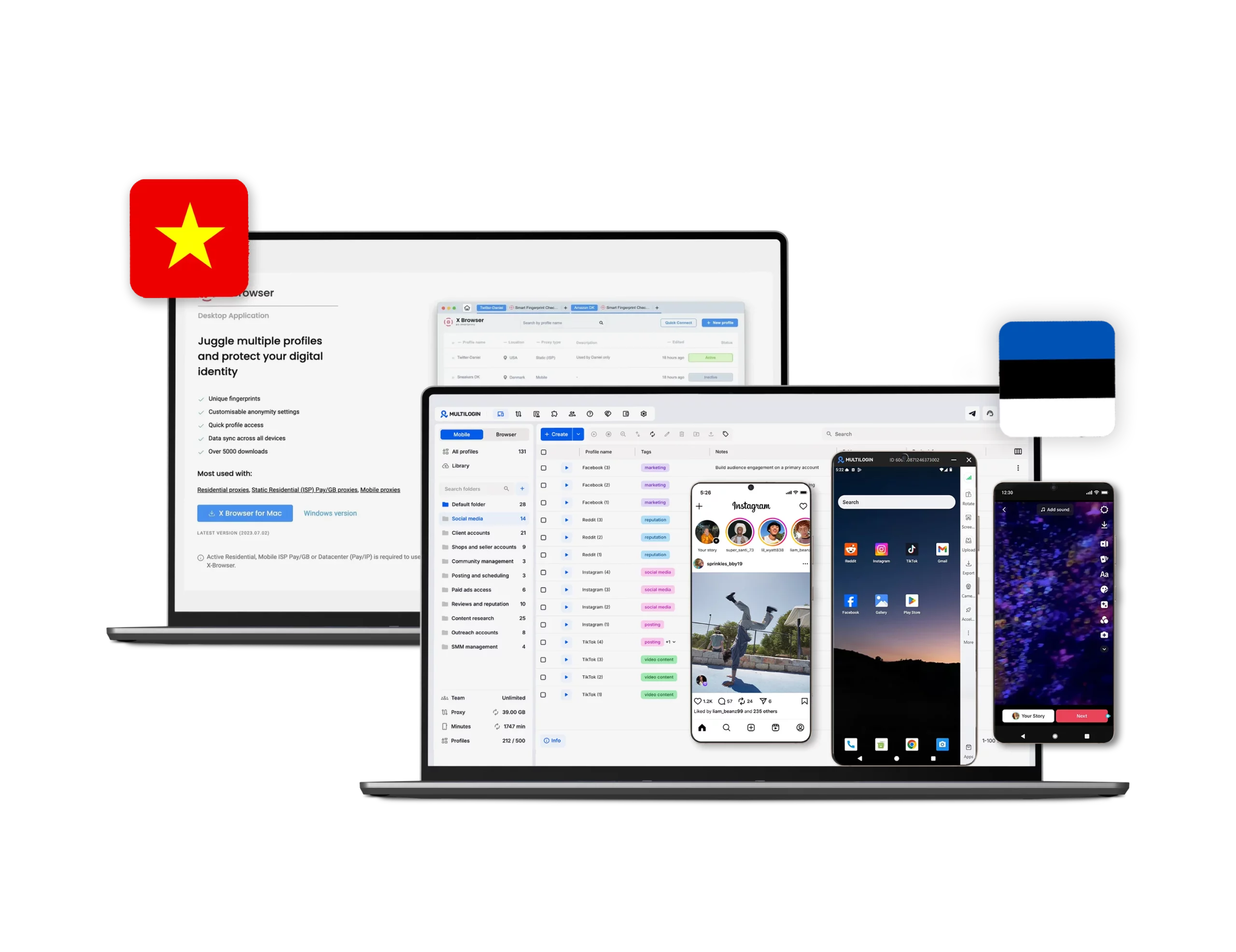 Multilogin vs X Browser interface comparison displaying browser profiles and proxy management features.