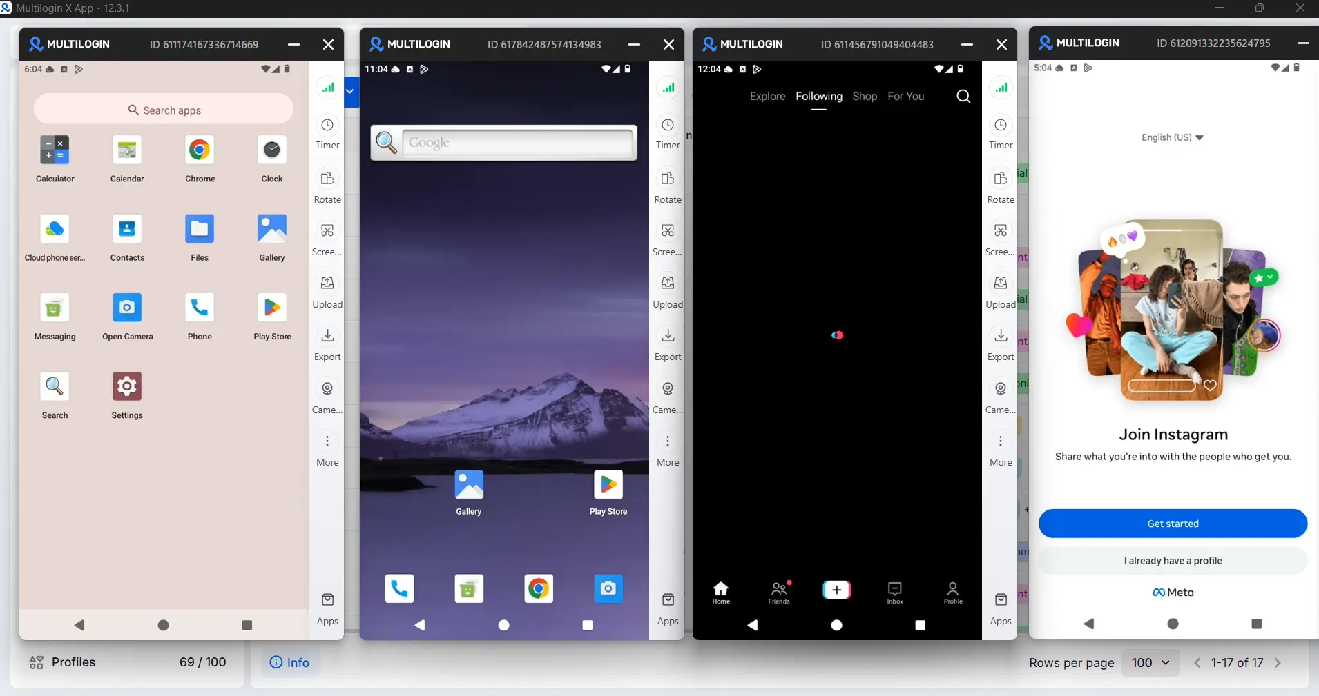 Multiple cloud phones for Instagram app management