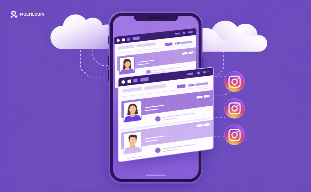 Celular na nuvem Multilogin sendo usando para gestão de múltiplas contas do Instagram