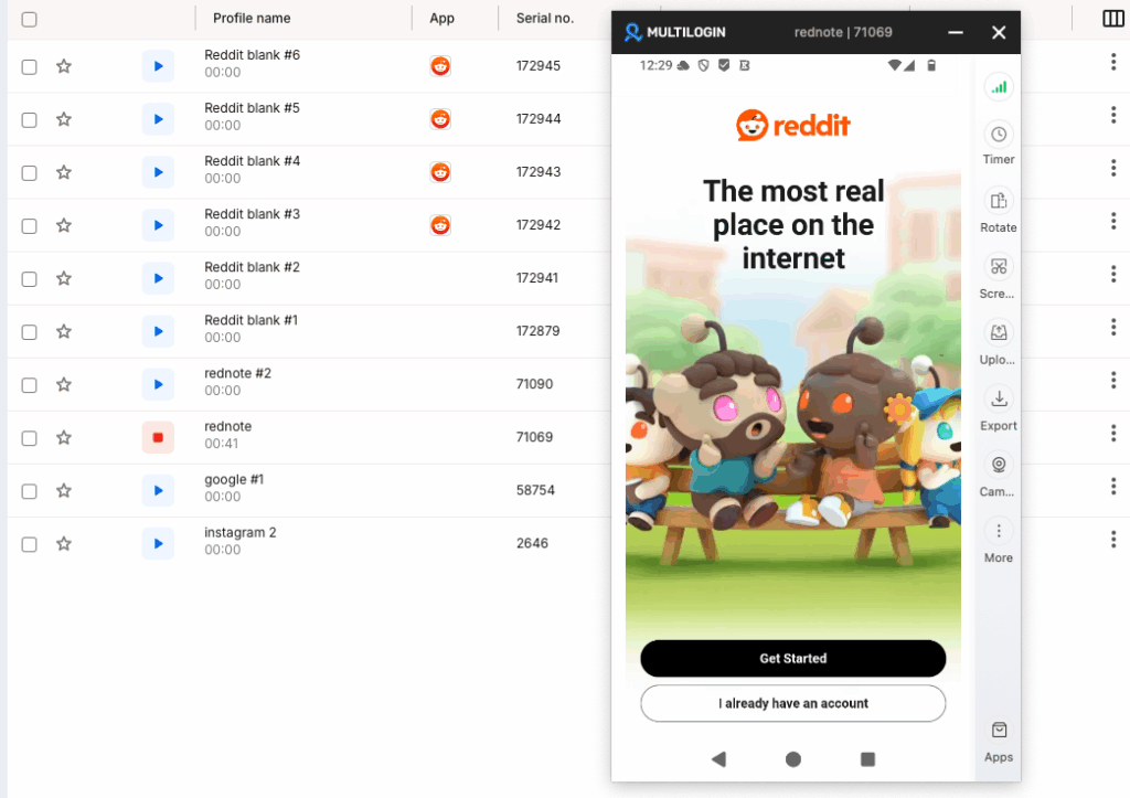 Multilogin cloud phone running the Reddit app to warm up the account