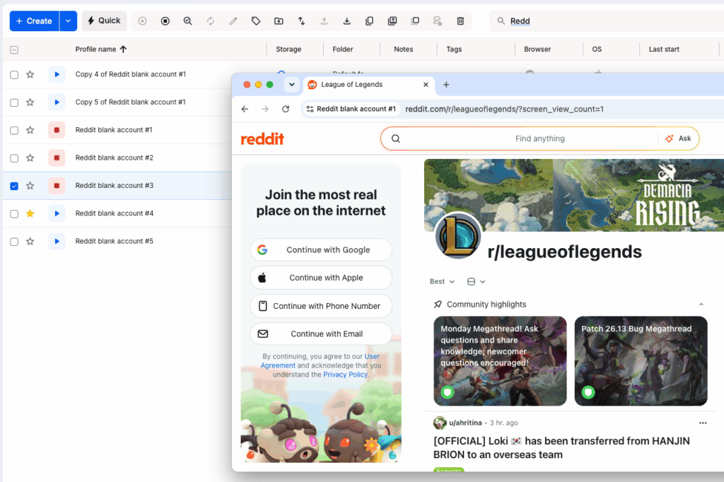 Multilogin browser profile open on Reddit to warm up the account with genuine comments