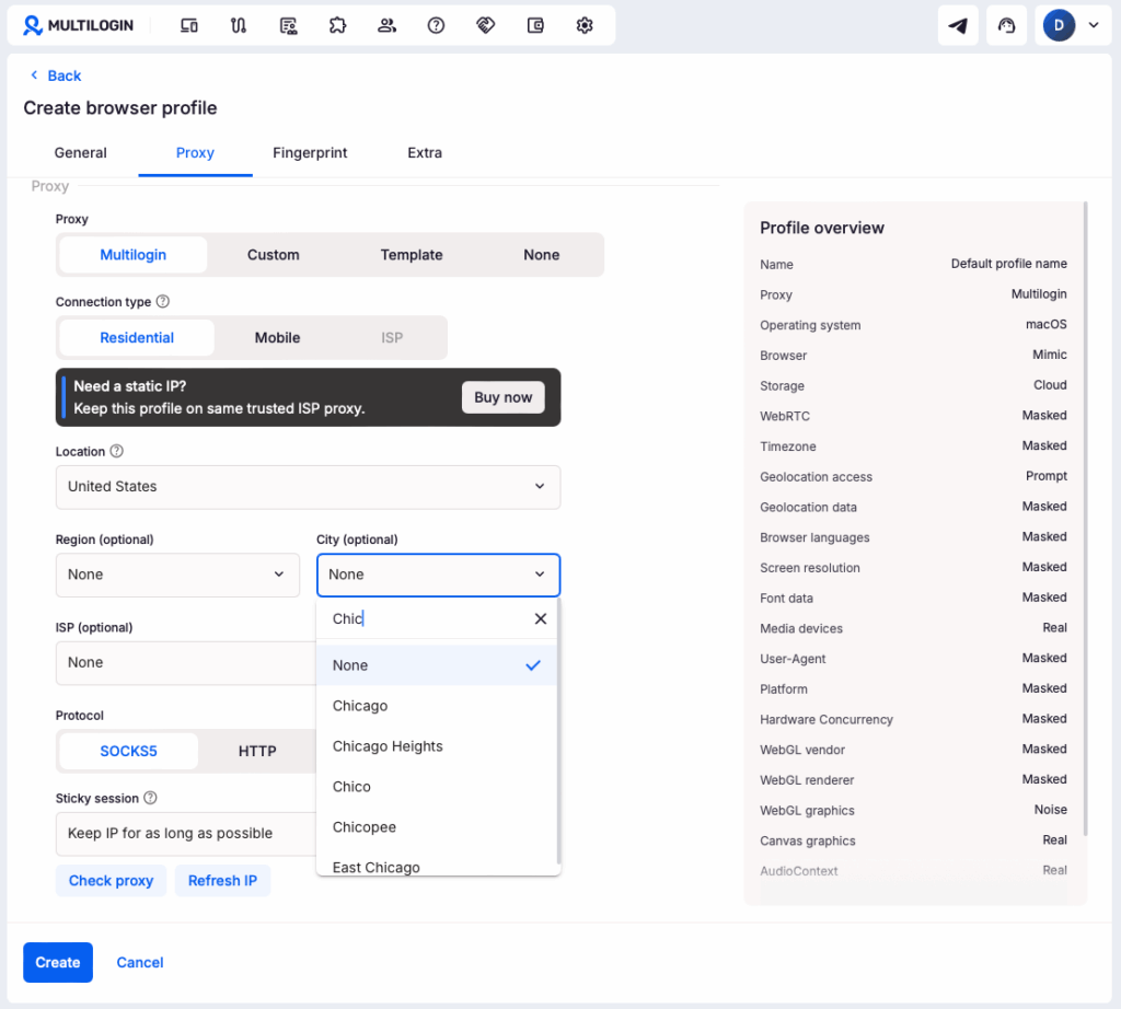 Choosing a proxy for an account in the Multilogin dashboard