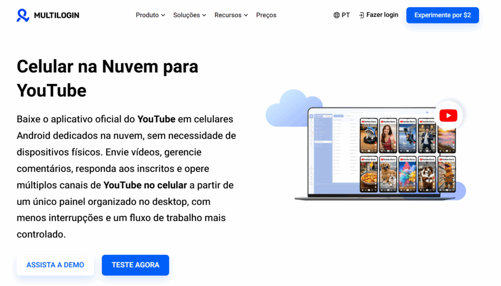Celular na nuvem Multilogin para YouTube