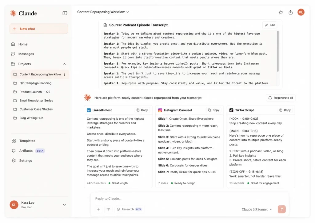 Side-by-side output: same brief turned into an Instagram caption, a LinkedIn post, and a TikTok hook